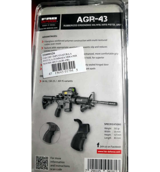 Fab Defence AGR-43 Impugnatura a Pistola Gommata Nera per M16/M4/AR15